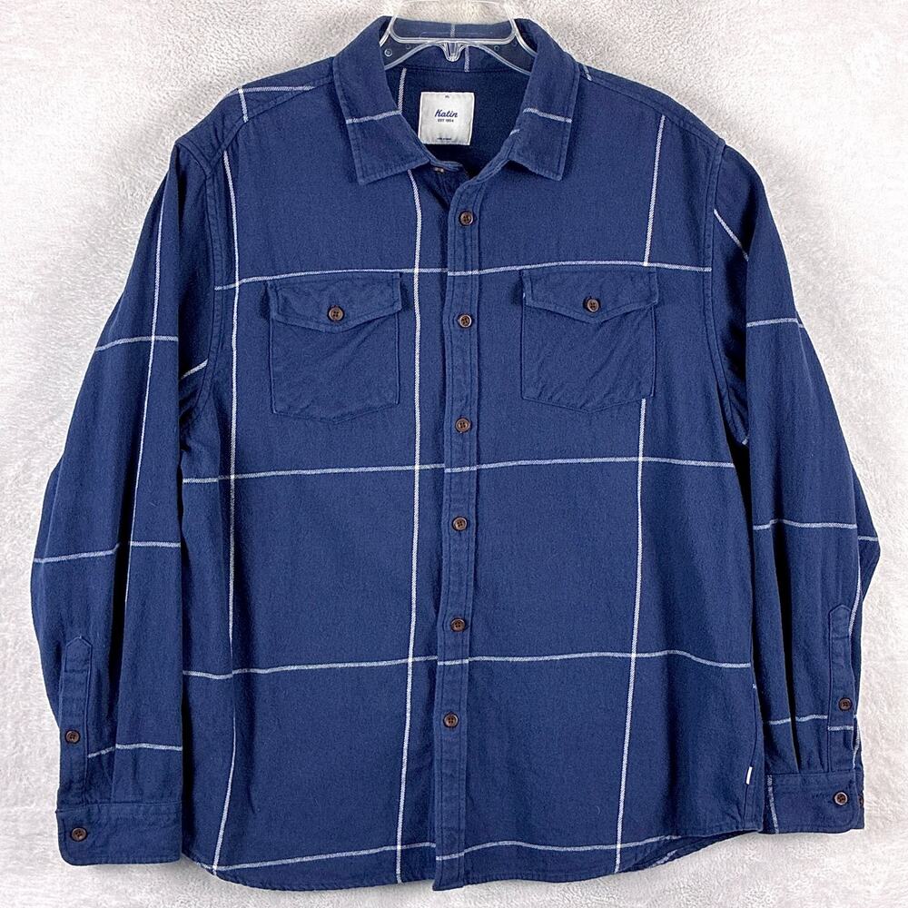 Katin Shirt Mens XL Blue Windowpane Plaid Flannel Preppy Workwear Huckberry
